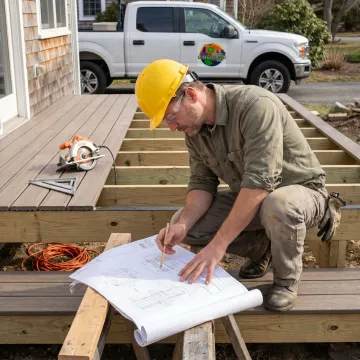Contractor reviewing deck roof framing plans