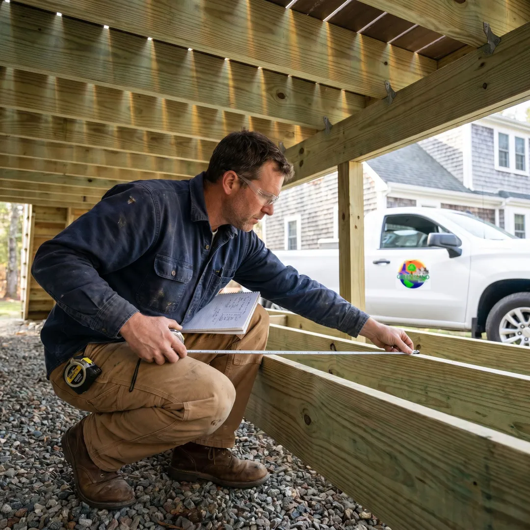 Contractor inspecting under deck waterproofing