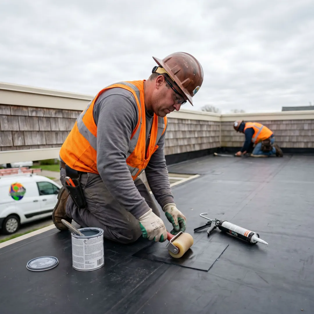 Contractor applying a flat roof membrane repair