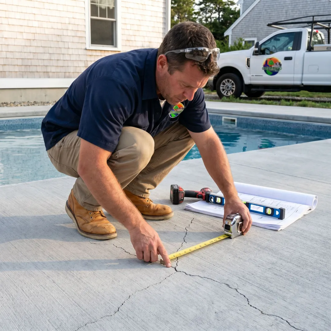 Contractor inspecting pool deck surface