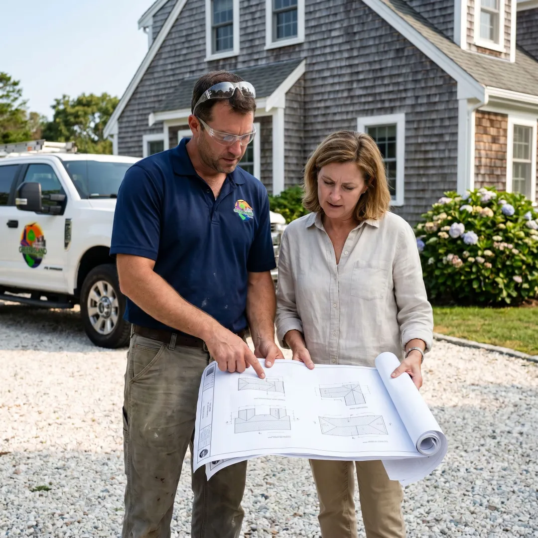 Contractor reviewing roofing plans onsite