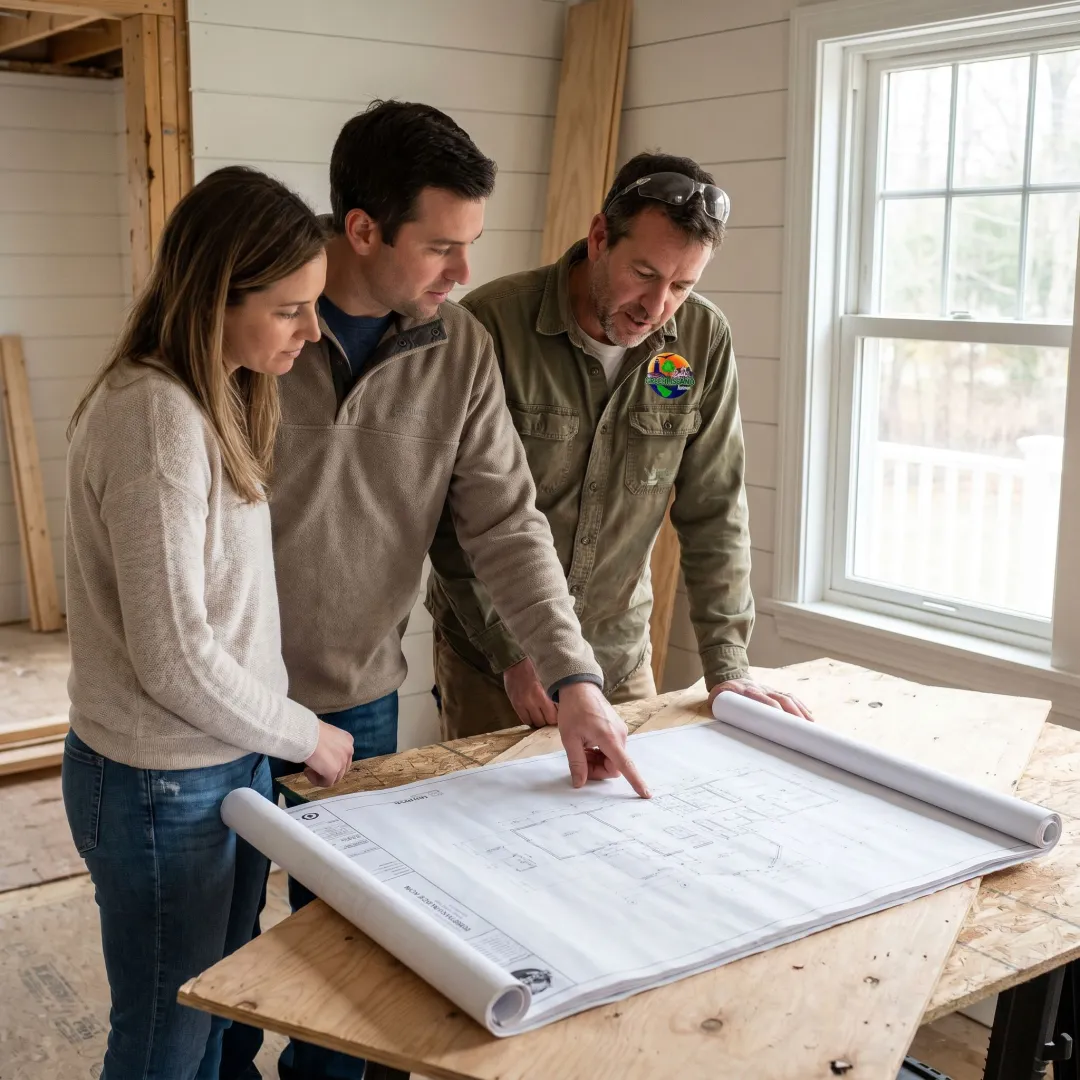 Contractor reviewing renovation plans with homeowners