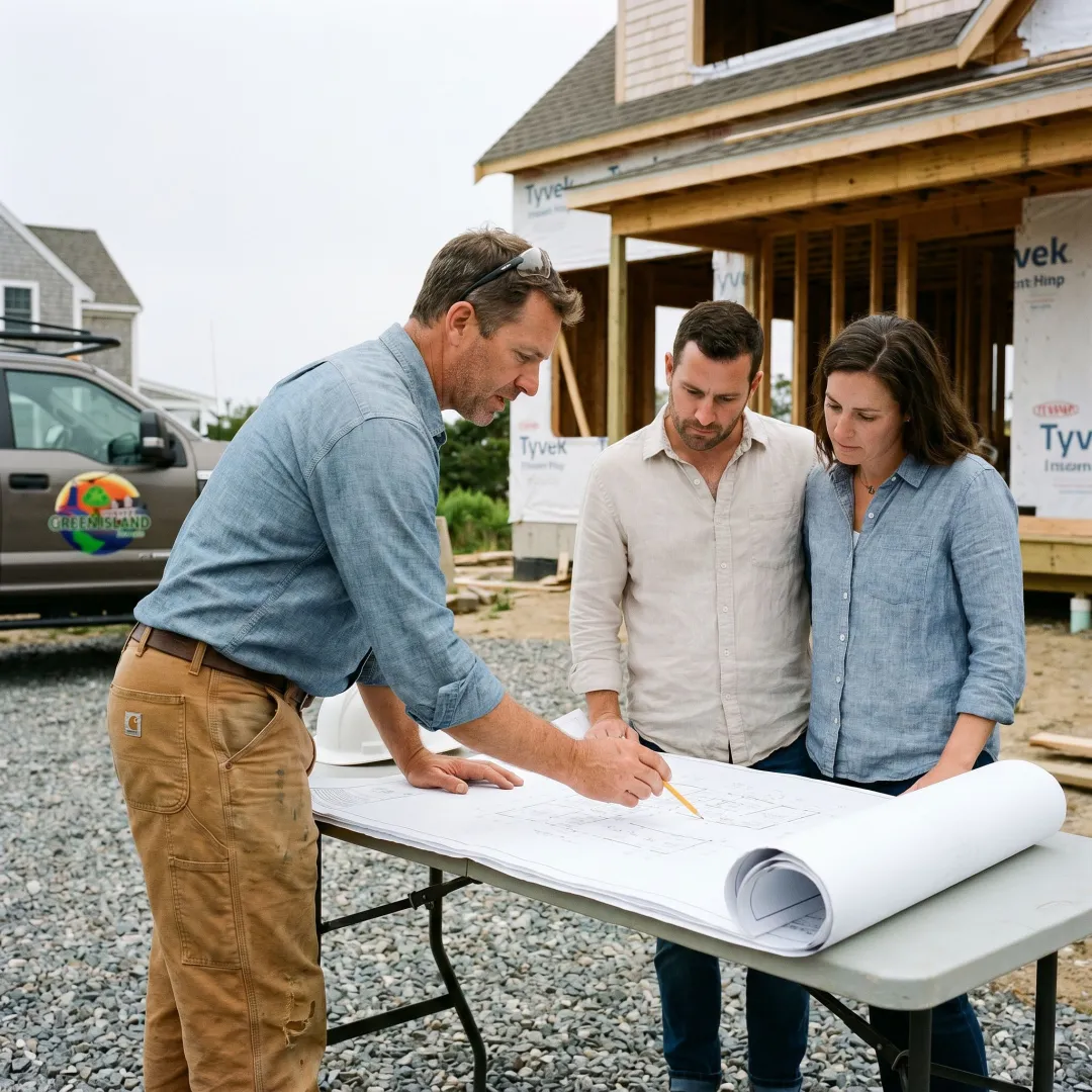 Builder reviewing home plans on site