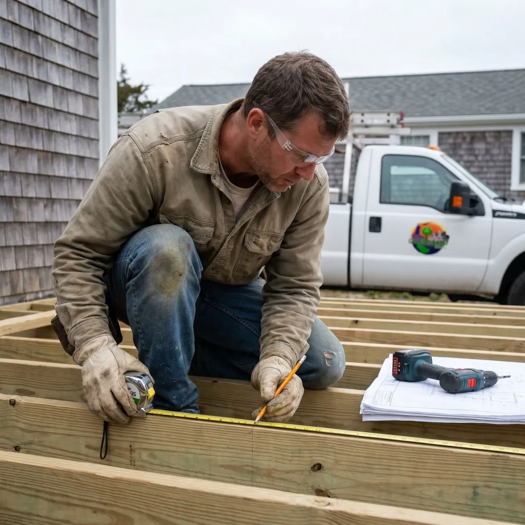 Contractor measuring deck framing during installation