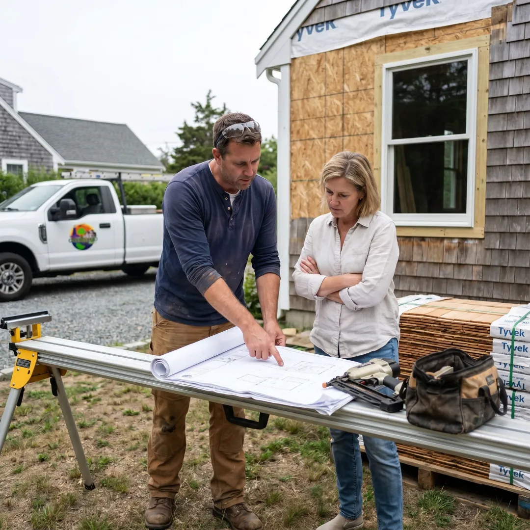 Contractor reviewing renovation plans with homeowner