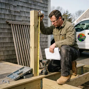 Contractor measuring deck railing posts during installation