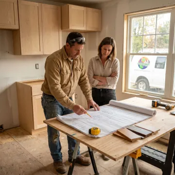 Contractor reviewing kitchen renovation plans with homeowner
