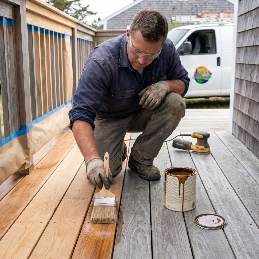 Deck refinishing process with sanding and stain application
