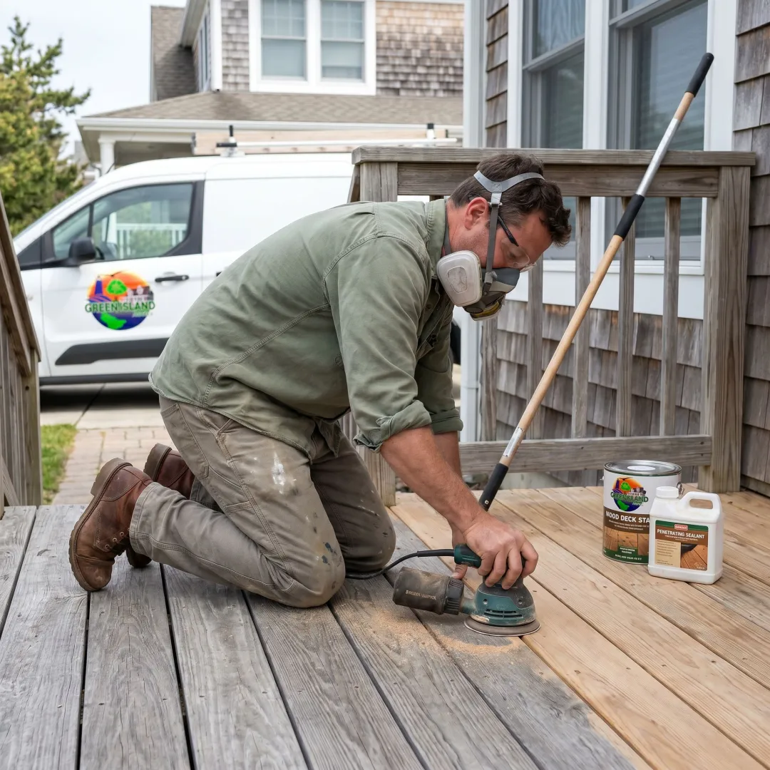 Professional contractor refinishing a residential wood deck
