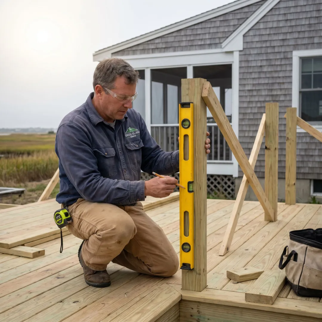 Deck railing contractor measuring posts before installation