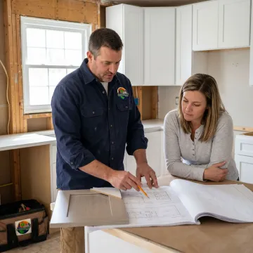Contractor reviewing kitchen renovation plans with homeowner