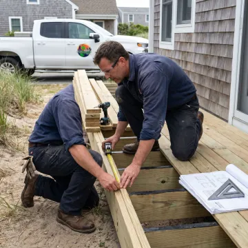 Contractor measuring a deck frame during installation