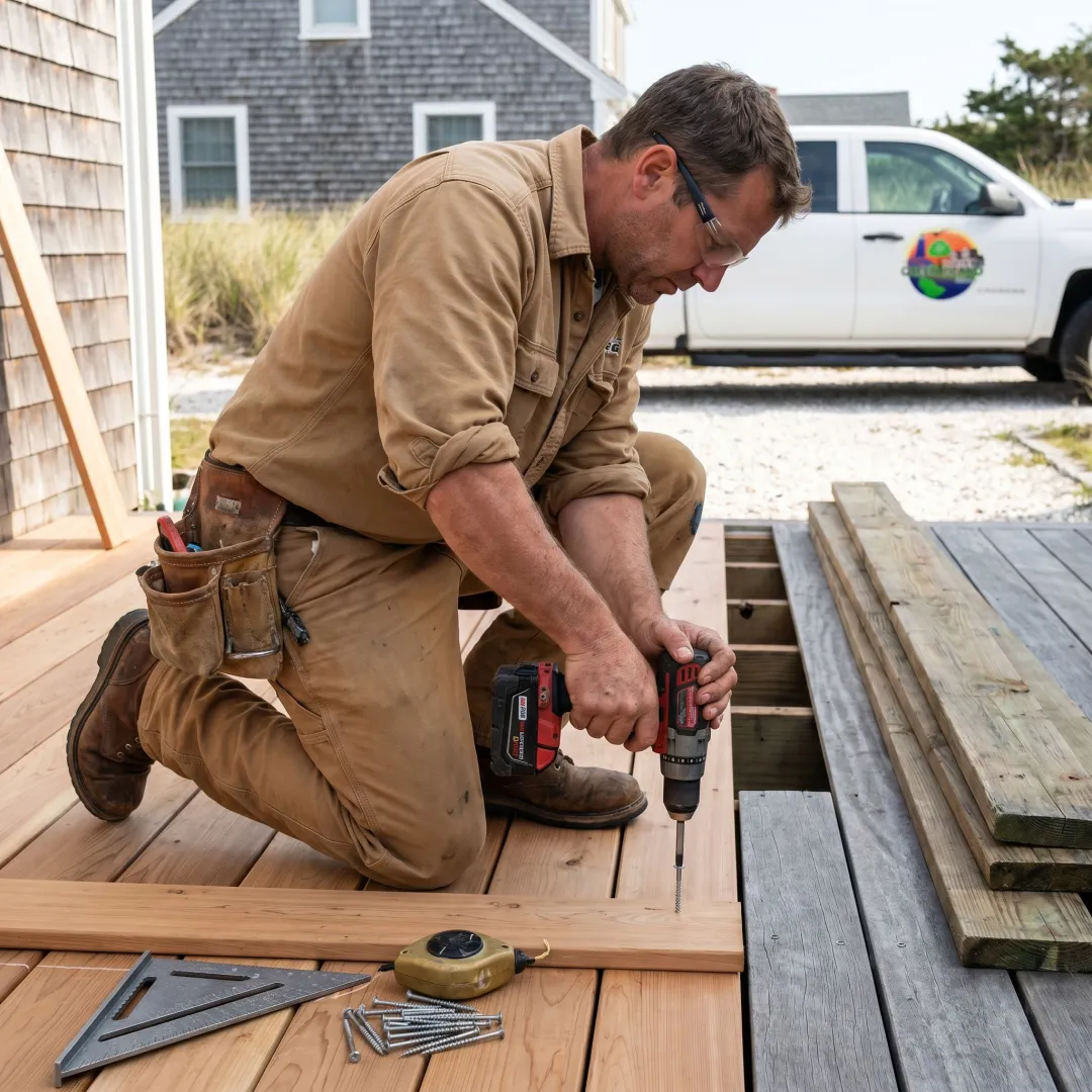 Contractor installing new deck boards