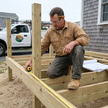 Contractor measuring deck framing during installation