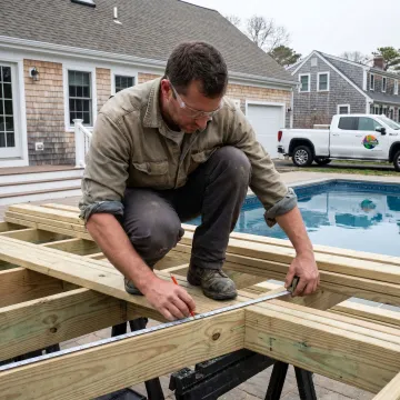 Contractor measuring pool deck framing during installation