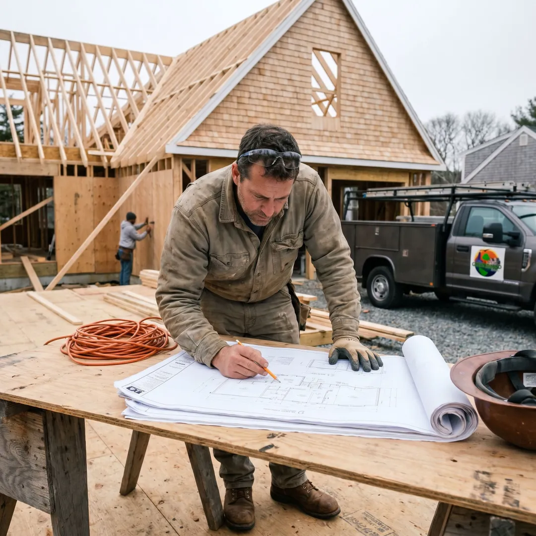 Builder reviewing home plans on site