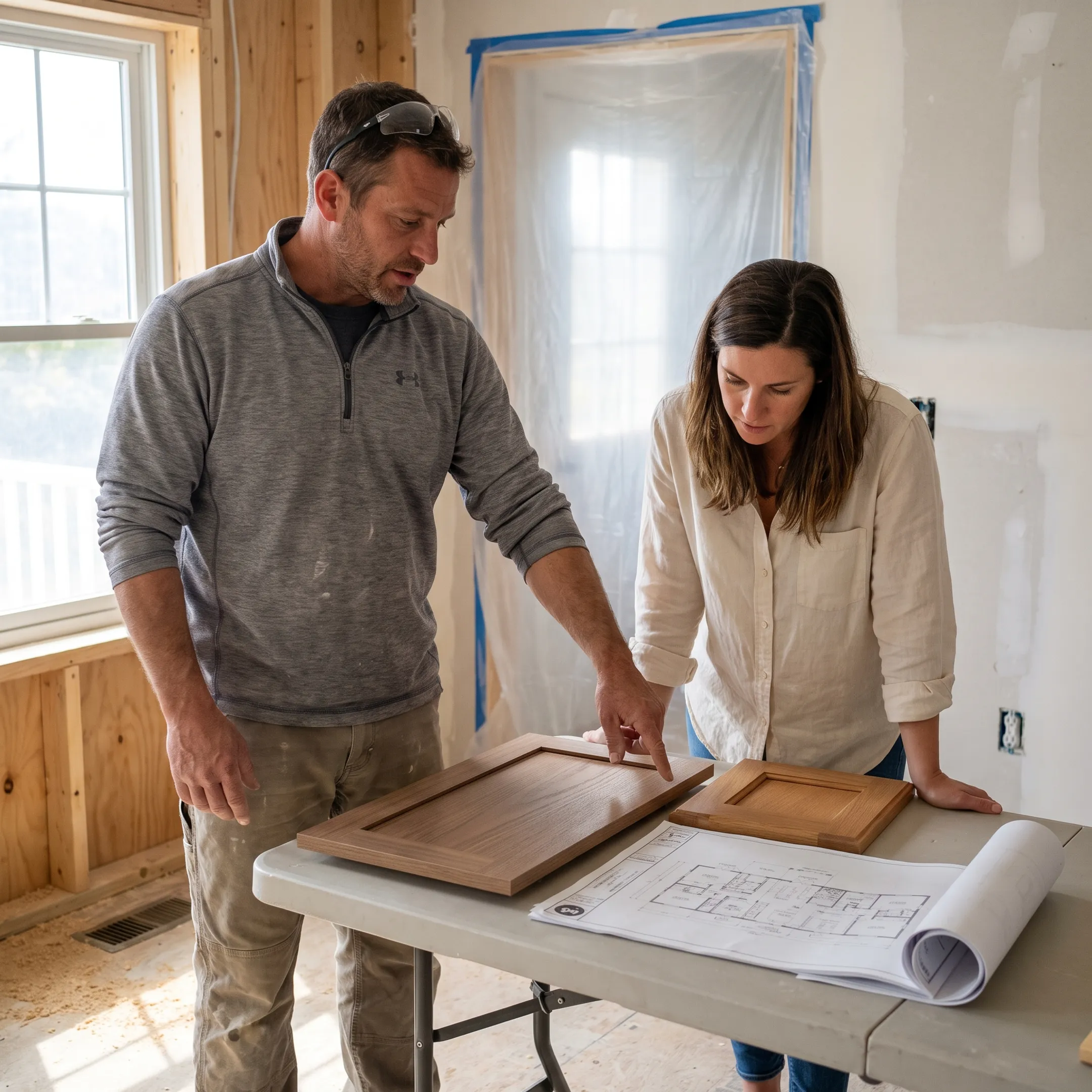 Contractor and homeowner planning kitchen