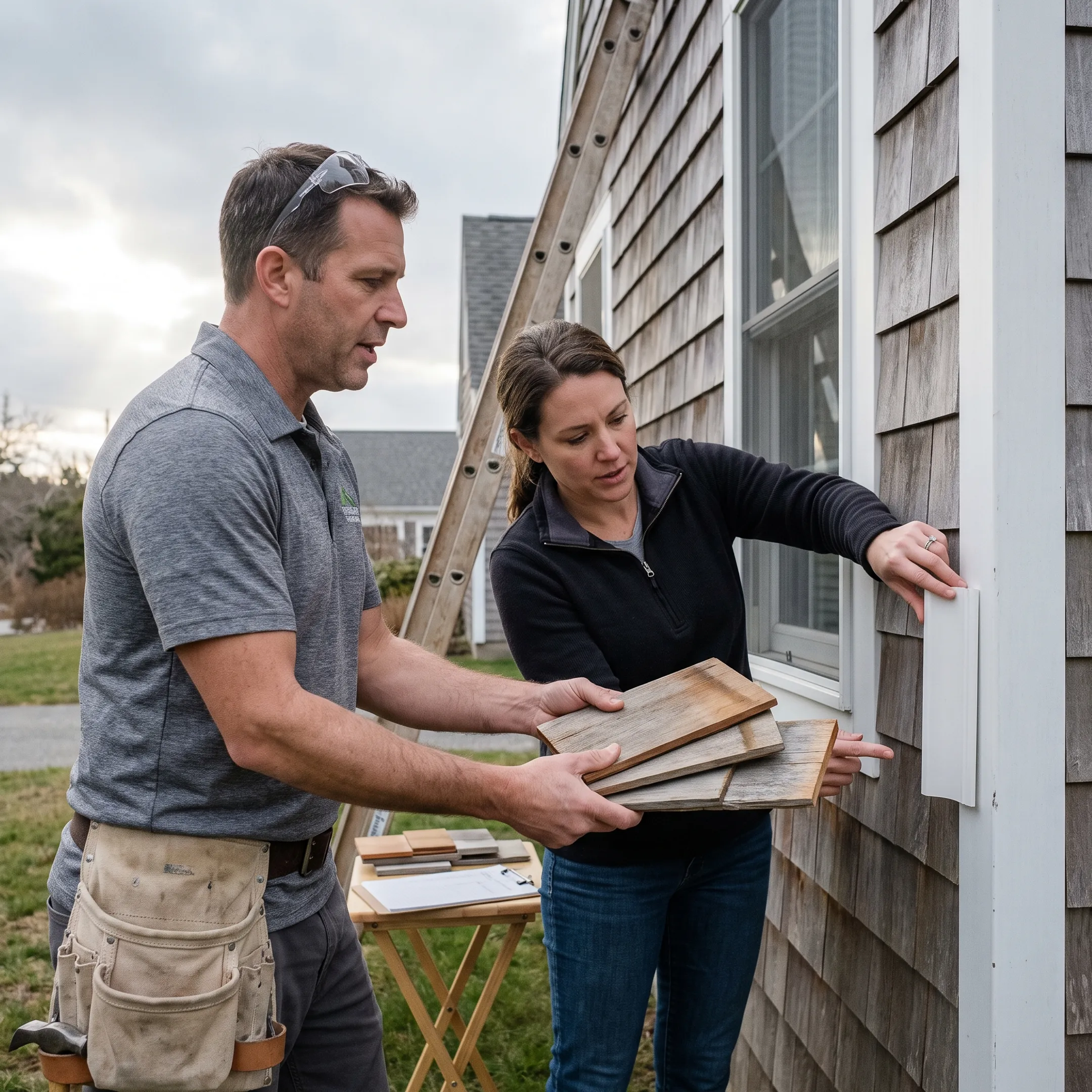 Contractor reviewing siding options with homeowner