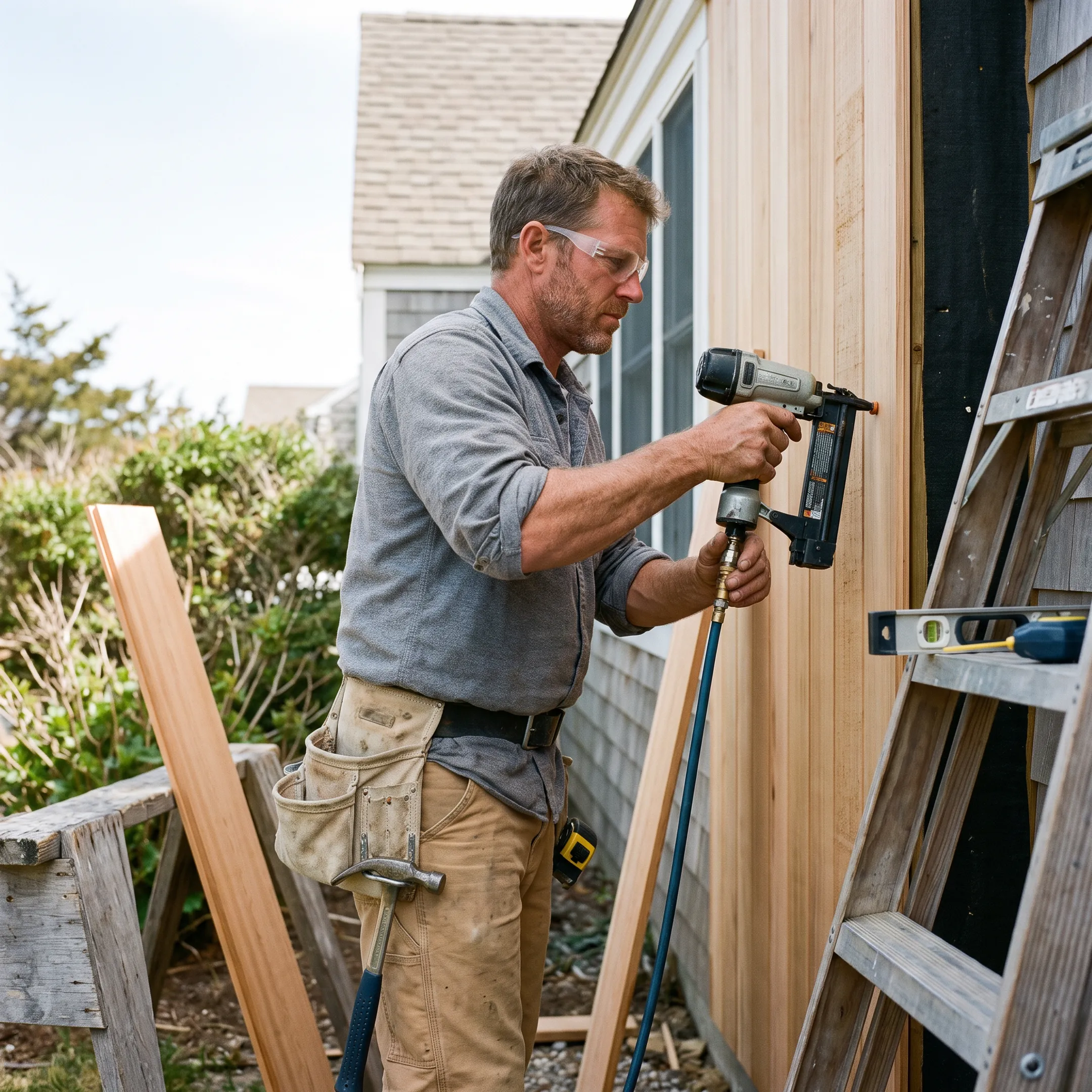 Craftsperson installing cedar siding on a home