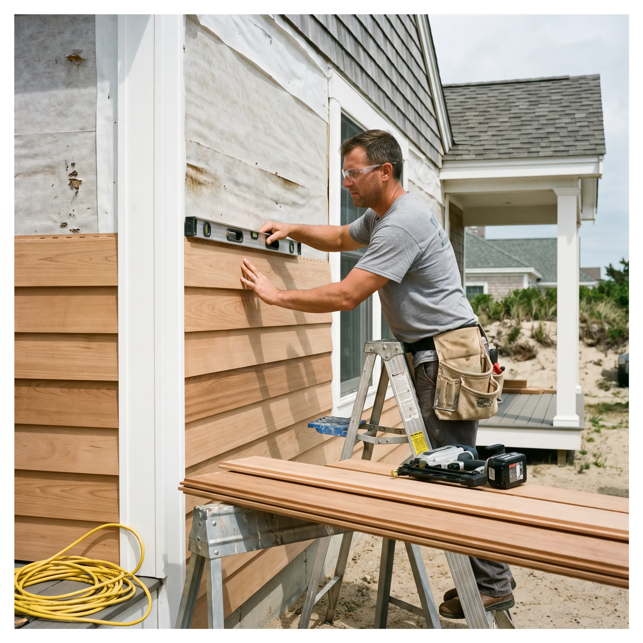 Installer fitting engineered wood siding on a home