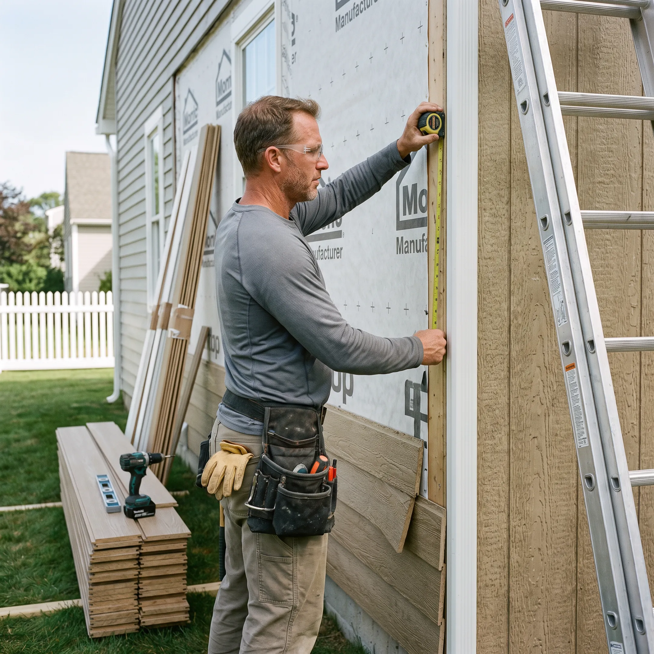 Contractor measuring exterior wall for siding installation
