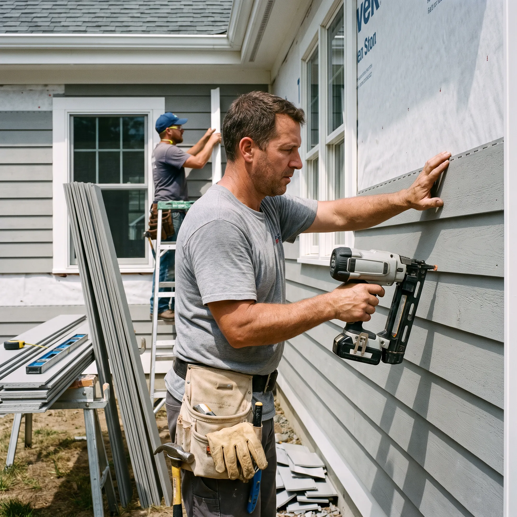 Contractor installing fiber cement siding on a home