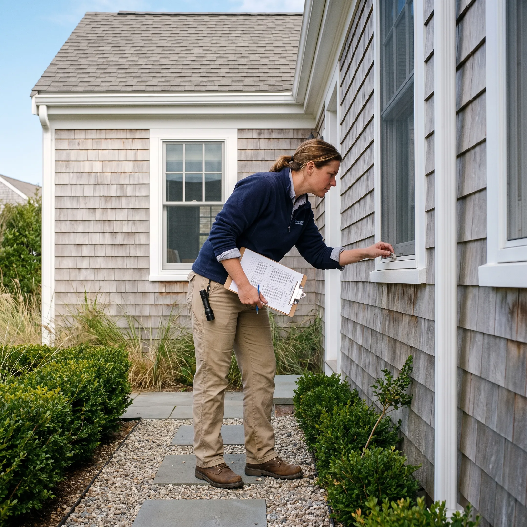 Manager inspecting vacant home exterior