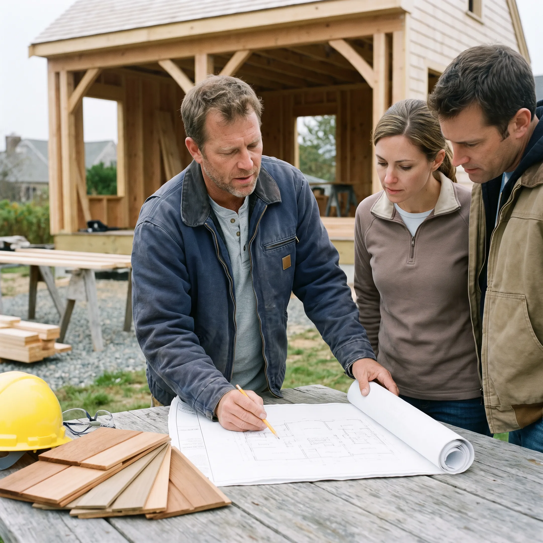 Builder reviewing guest house plans with homeowners