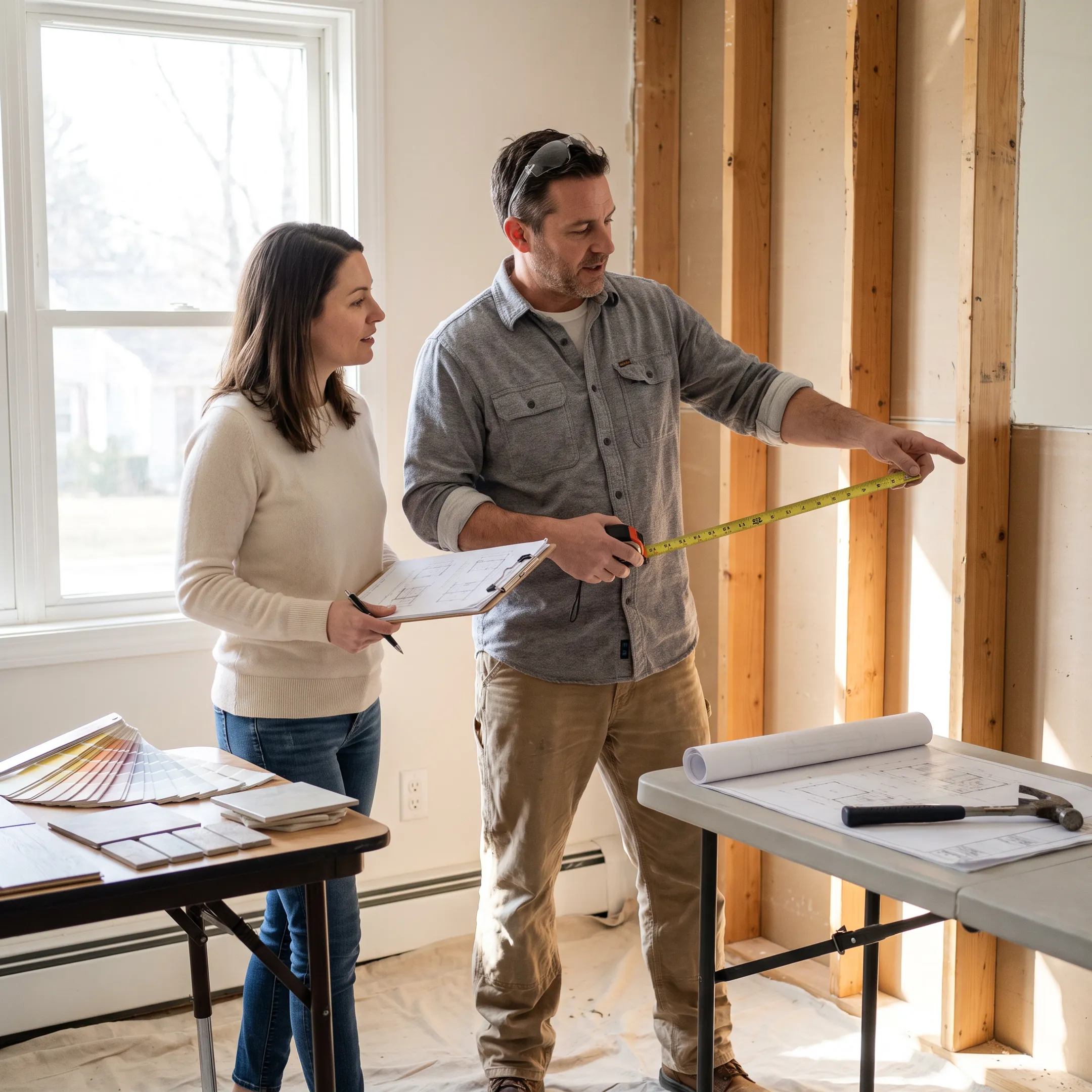 Homeowner reviewing interior renovation plans with contractor