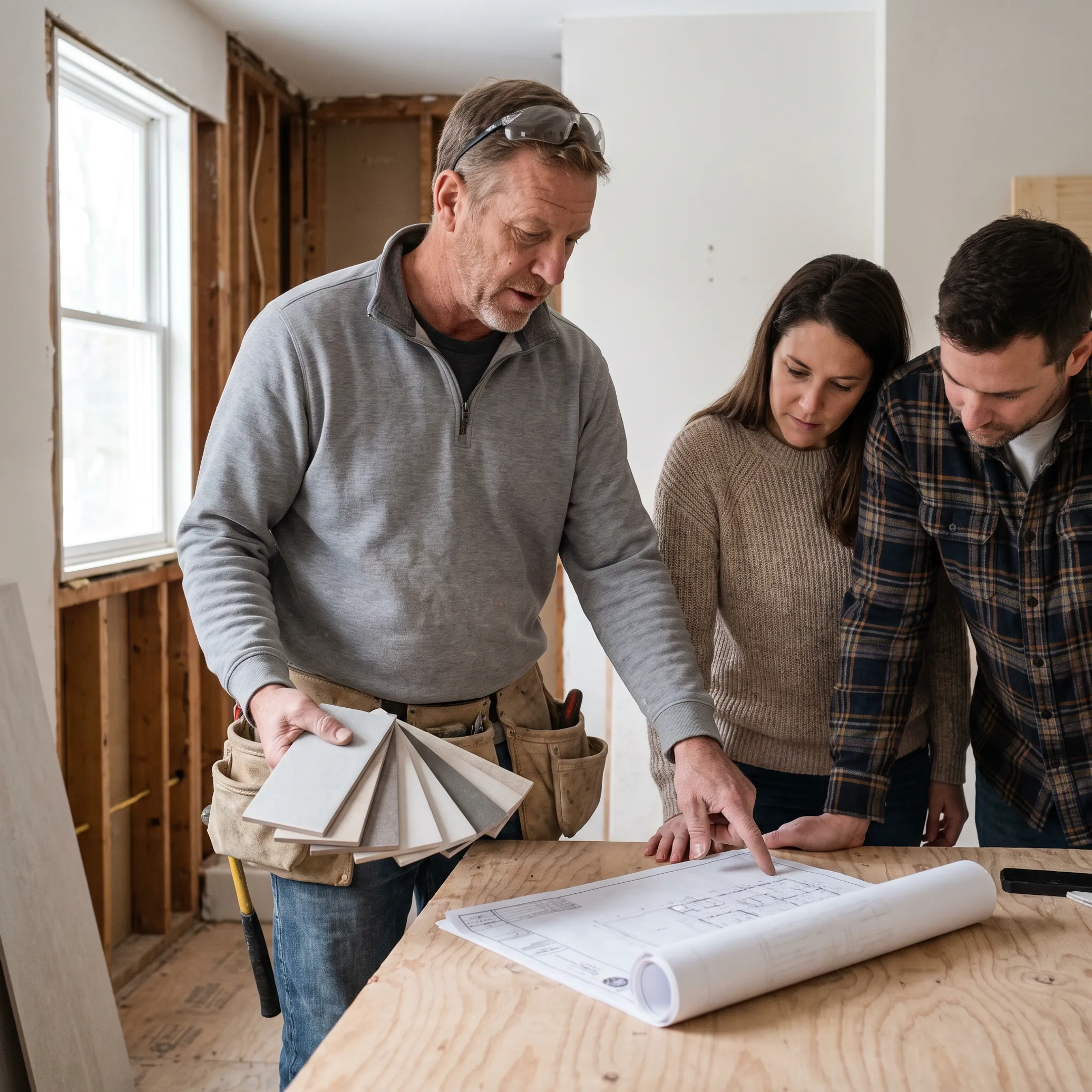 Contractor discussing bathroom renovation plans