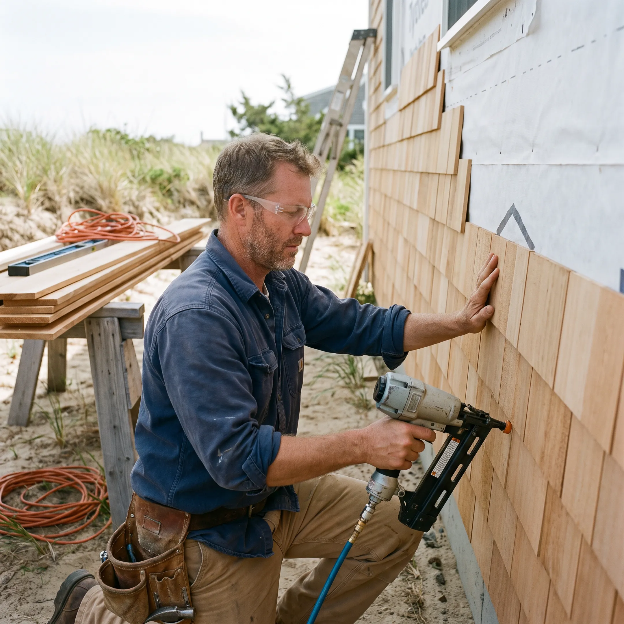 Contractor installing wood siding on a home