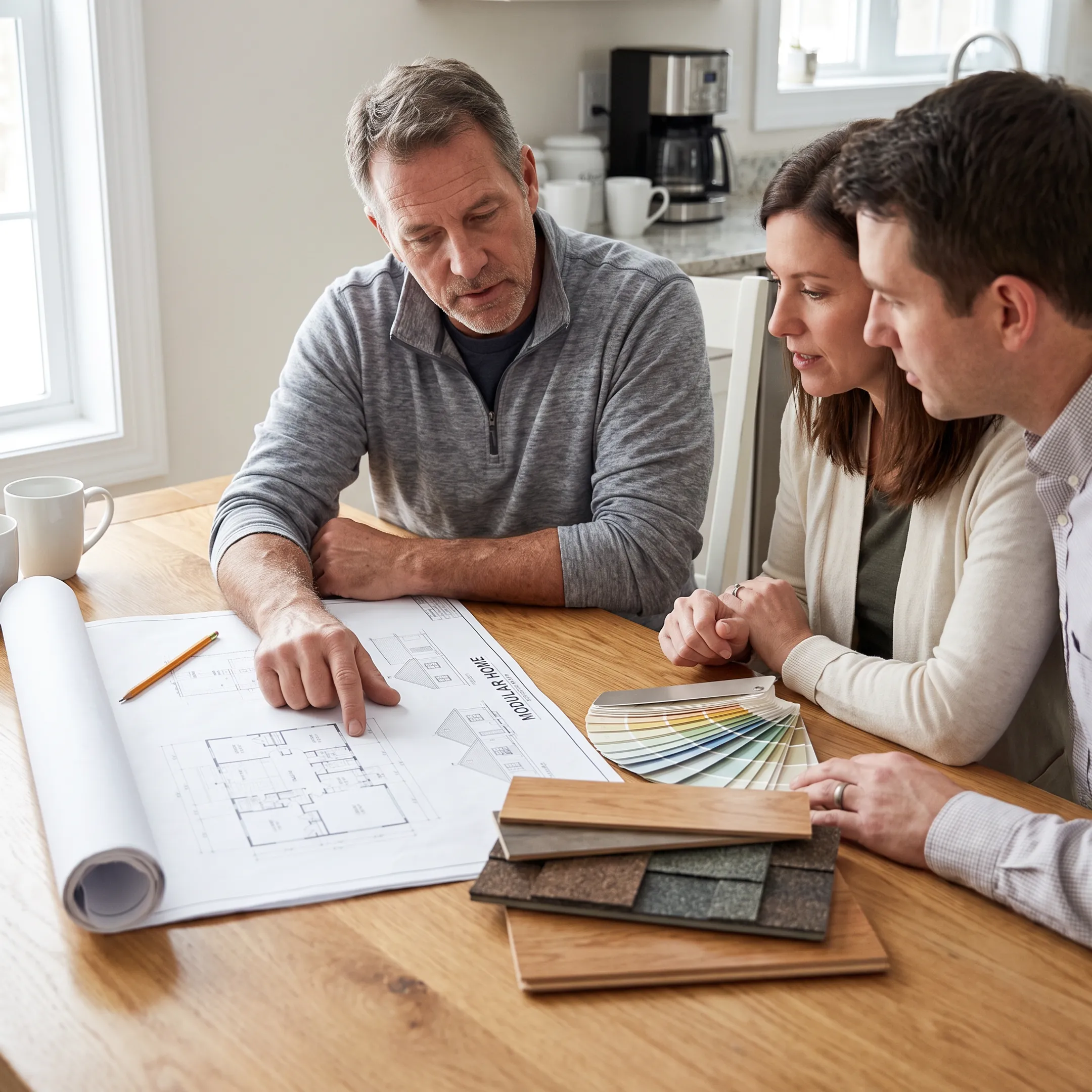 Builder reviewing modular home plans with homeowners