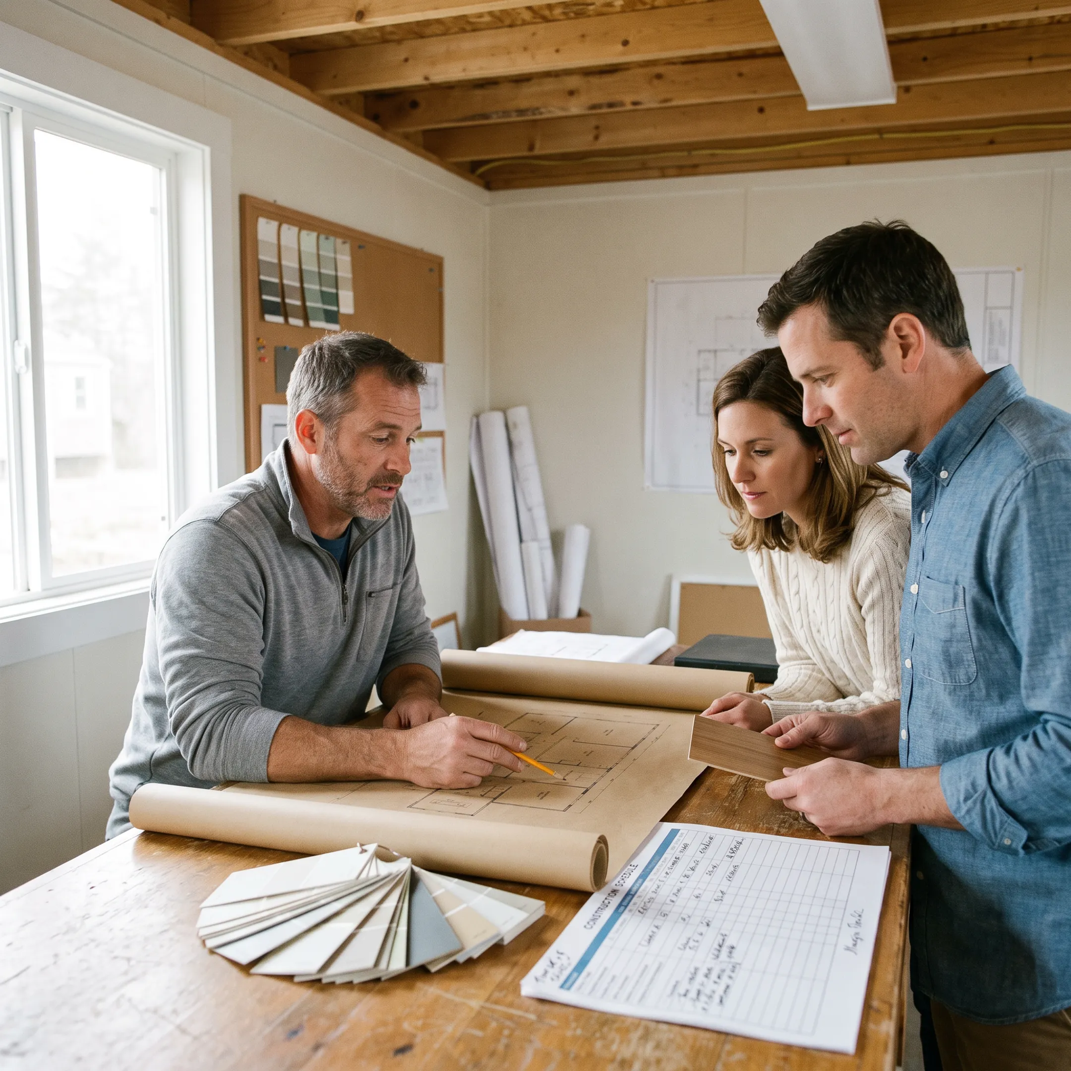 Builder and homeowners discussing custom home plans