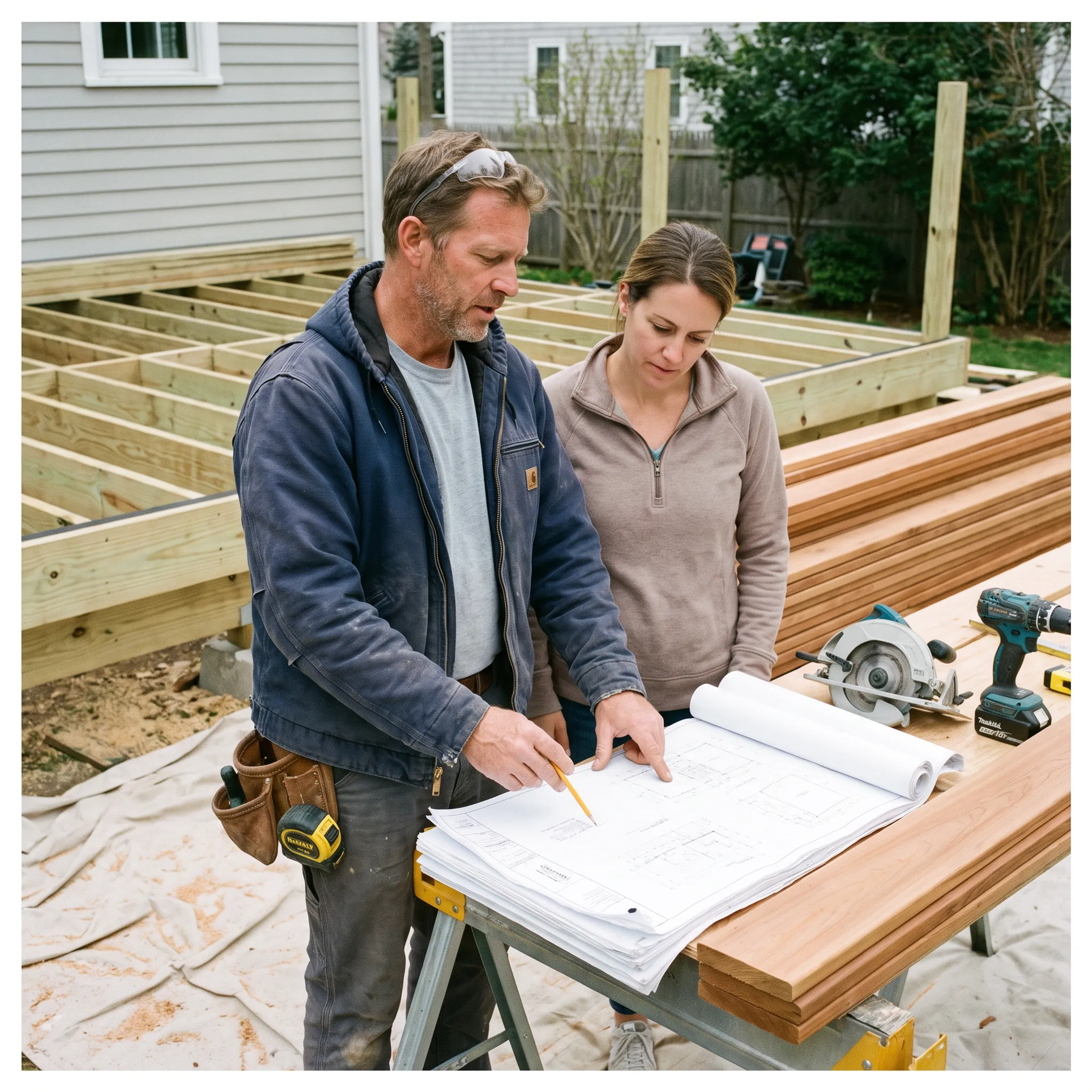 Contractor reviewing deck plans with homeowner