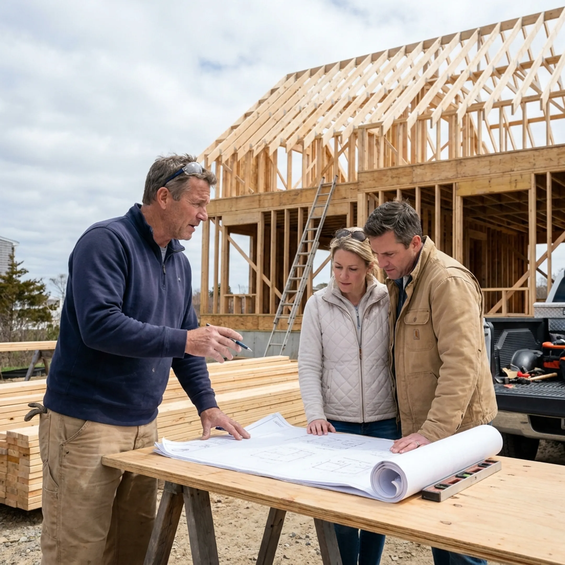 Architect and homeowner reviewing custom home plans