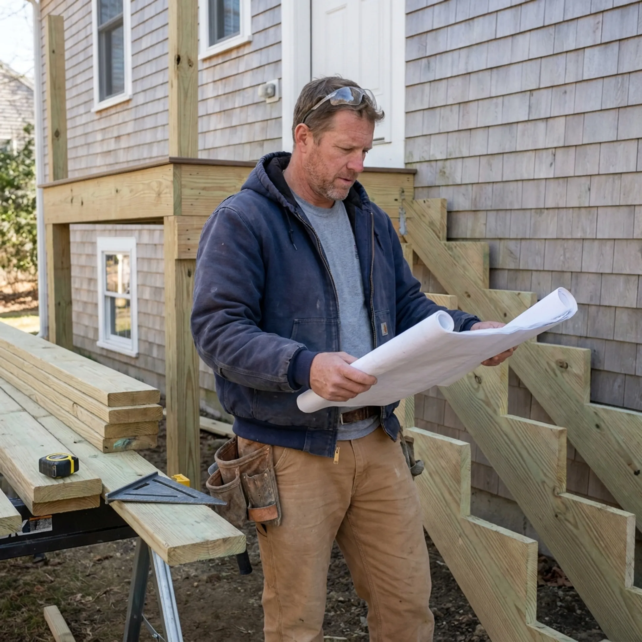 Contractor planning a custom deck installation