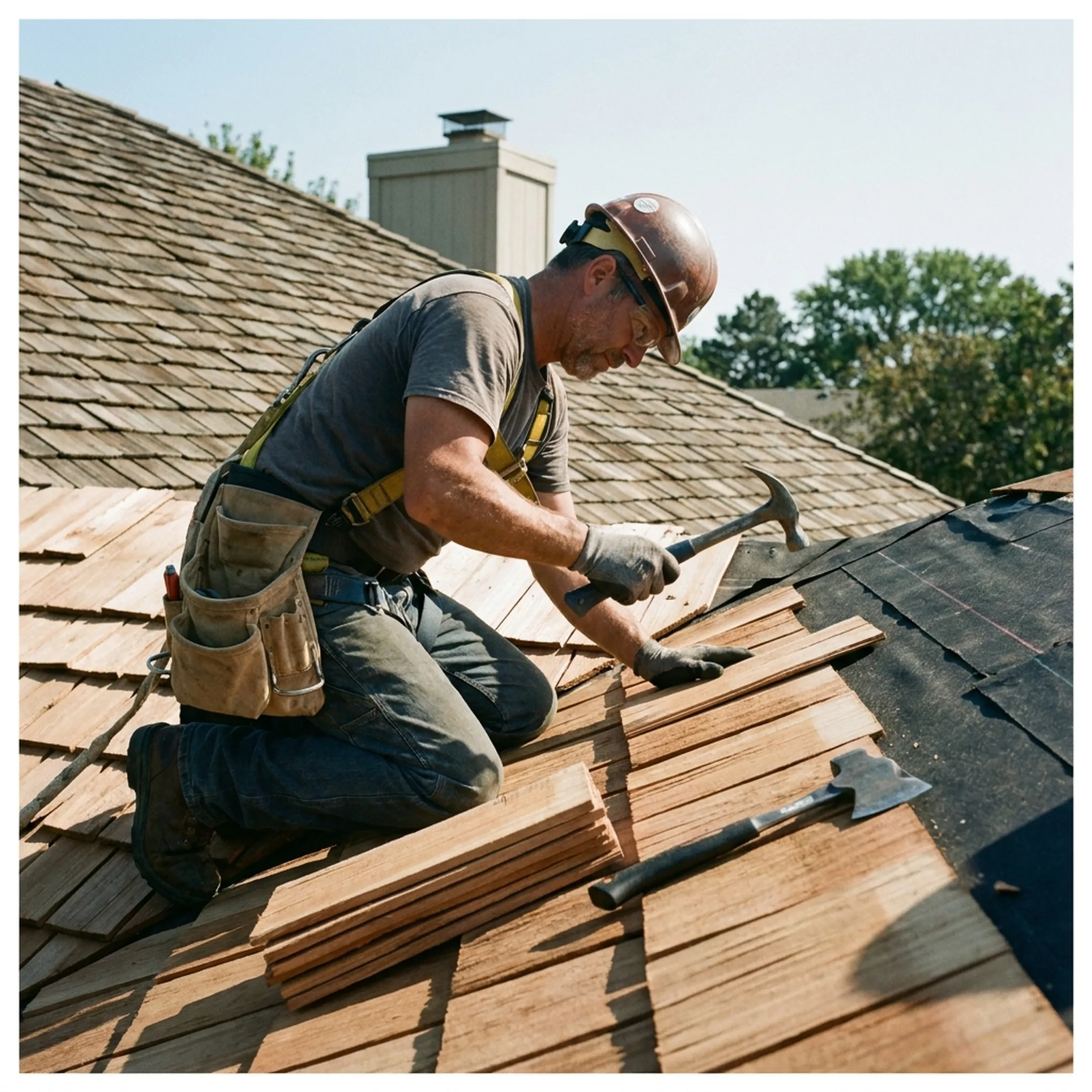 Cedar shake roof repair in progress