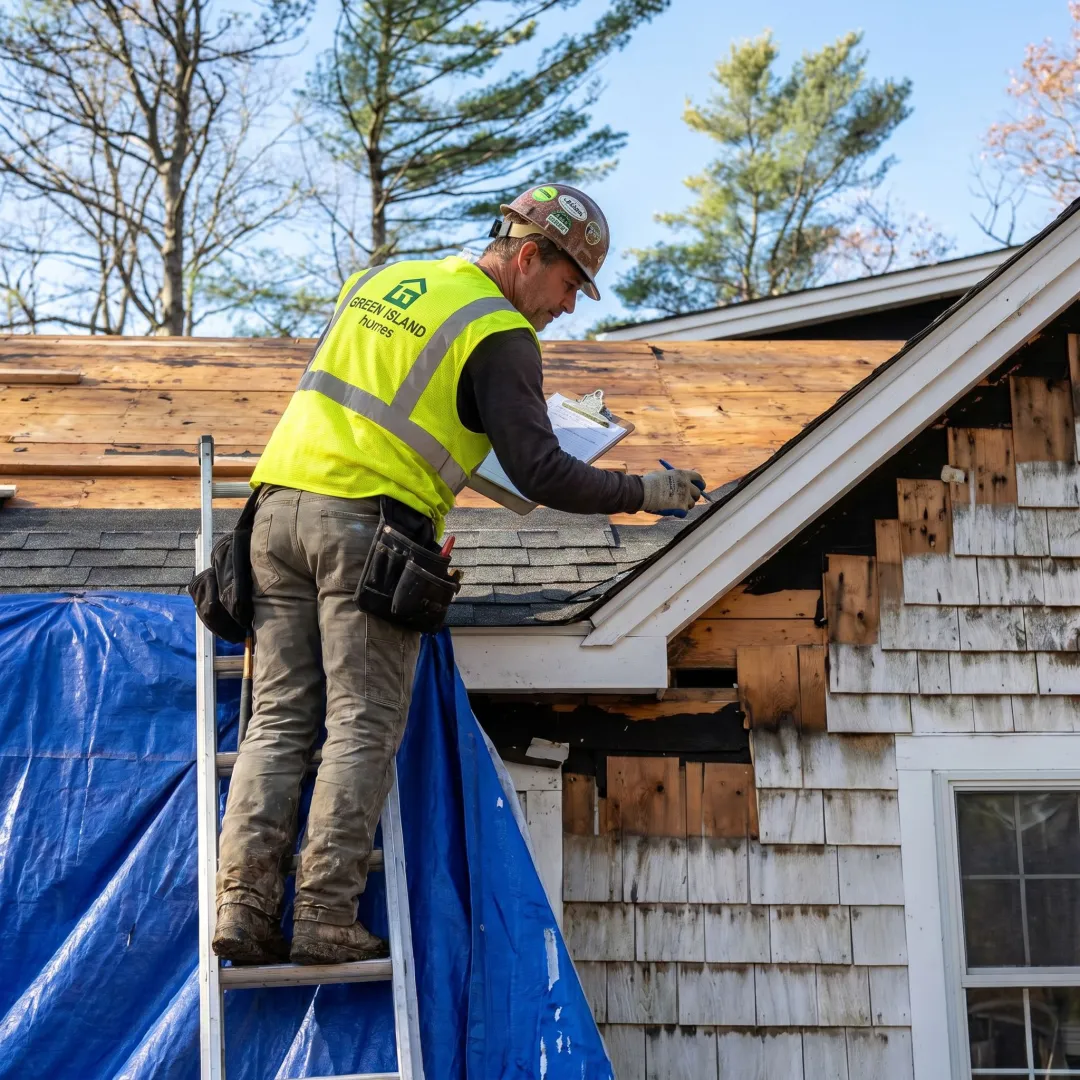 Contractor inspecting roof and siding before project