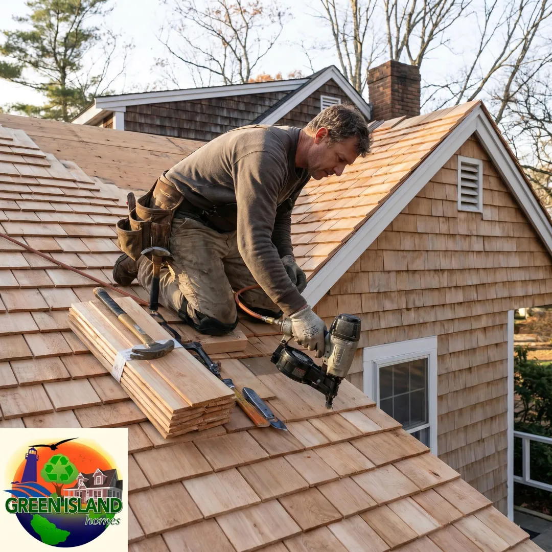 Roofing contractor installing cedar shakes