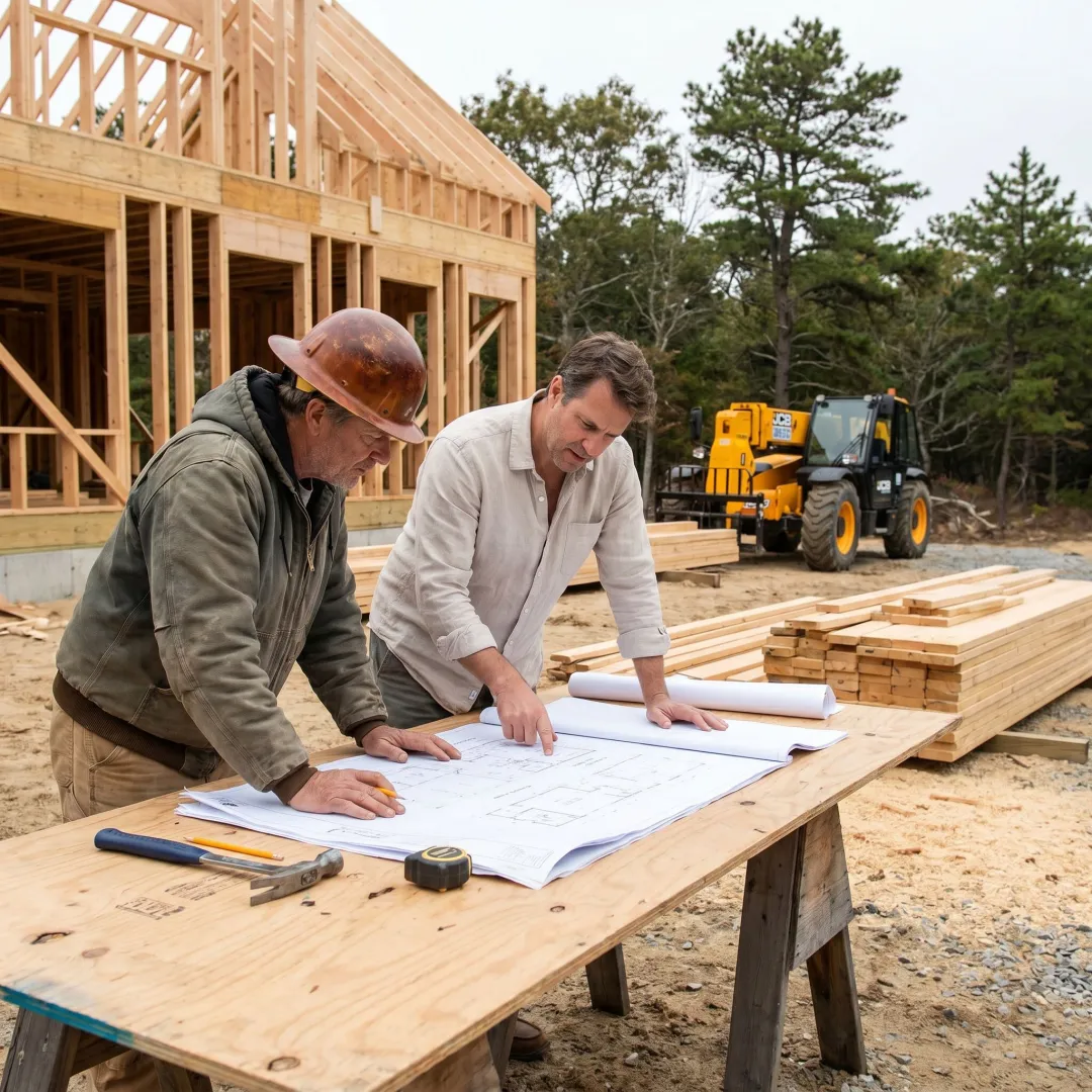 Builder reviewing plans with homeowner