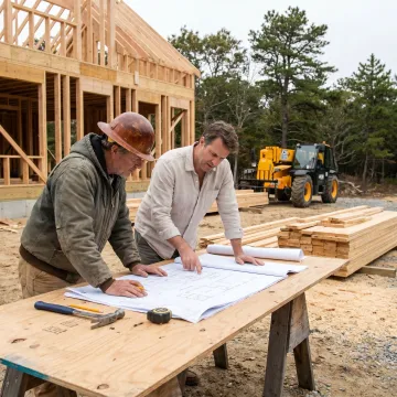 Builder reviewing plans with homeowner