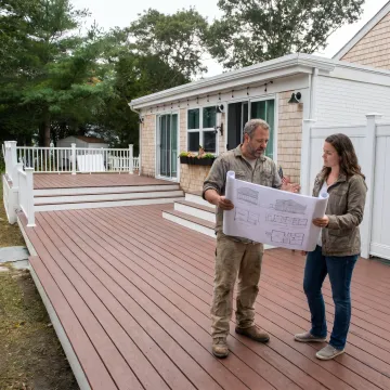 Contractor reviewing exterior remodeling plans with homeowner