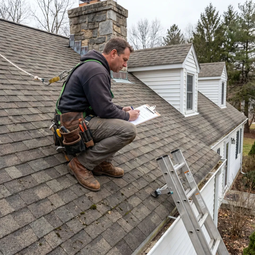 Roofing contractor inspecting roof conditions before work