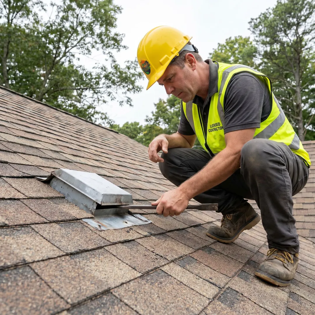Contractor inspecting roof vent placement