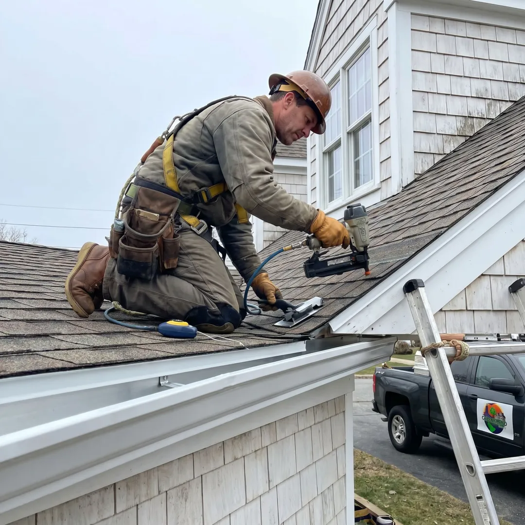 Roofing contractor installing shingles and gutters on a coastal home