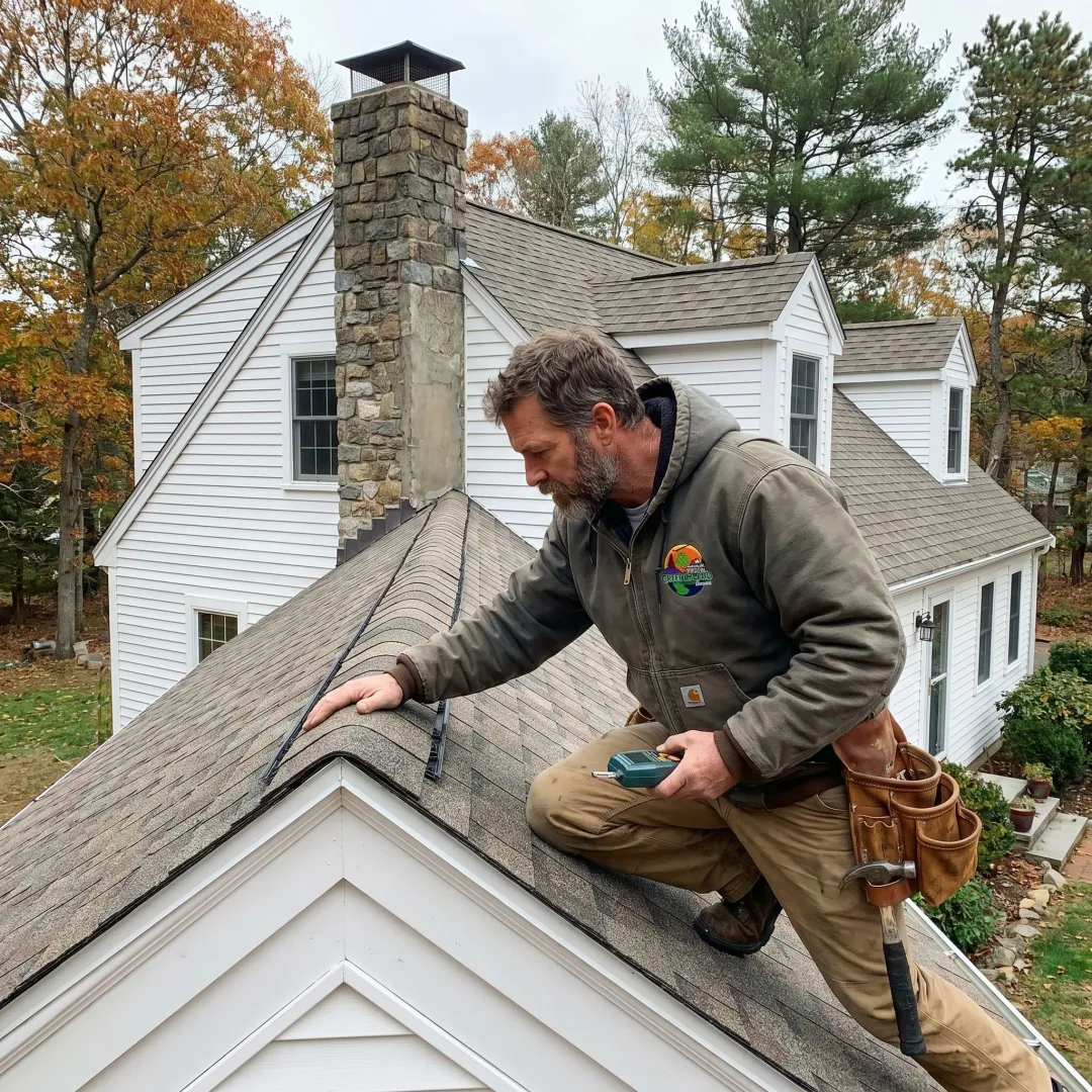 Contractor inspecting a roofline and gutter system