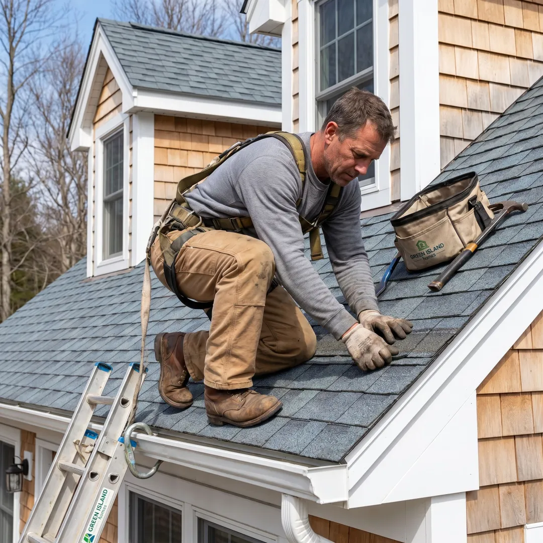 Roofing contractor inspecting a residential roof