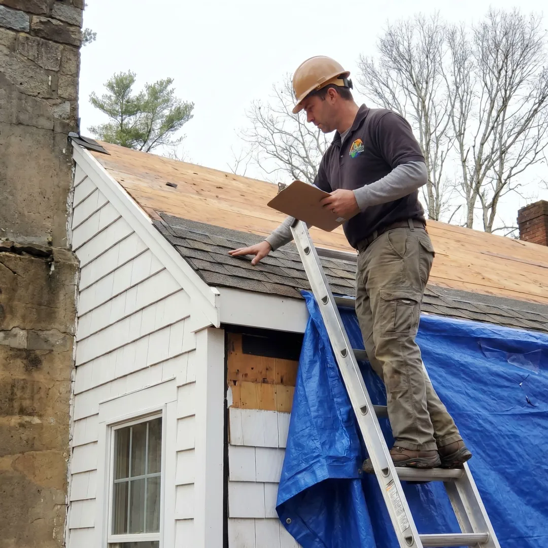Roofing contractor inspecting shingles on a home