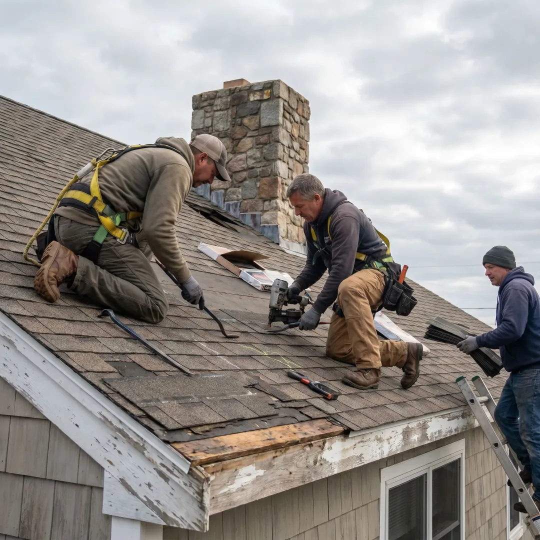 Roofing team repairing storm damage