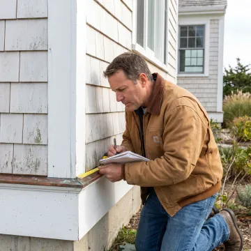 Siding contractor inspecting exterior wall panels
